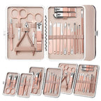  Rose gold manicure set collection showing various sizes of cases with professional grooming tools and implements