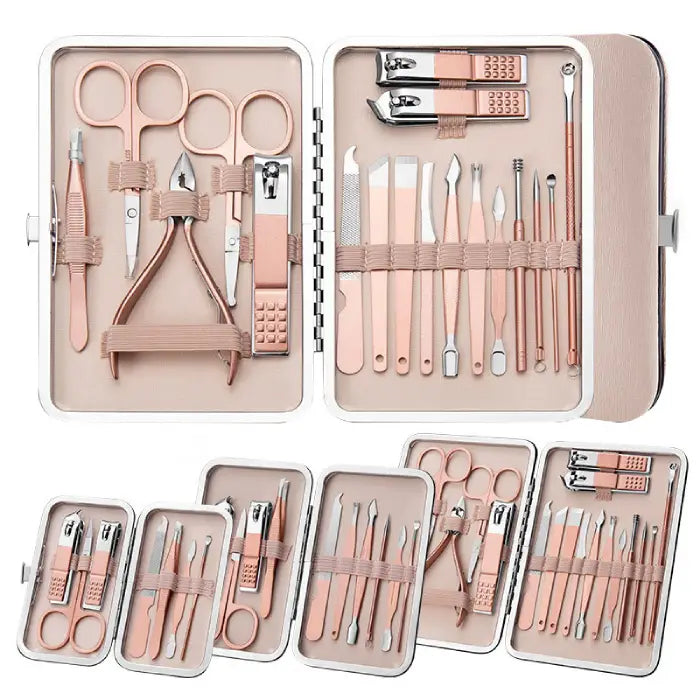  Rose gold manicure set collection showing various sizes of cases with professional grooming tools and implements