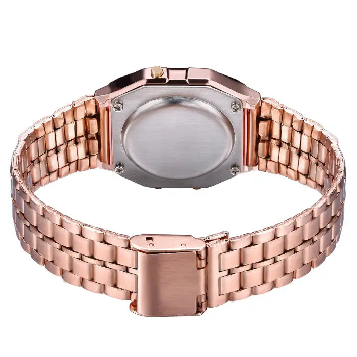 Back view of a rose gold digital wristwatch showing the stainless steel case and adjustable clasp.