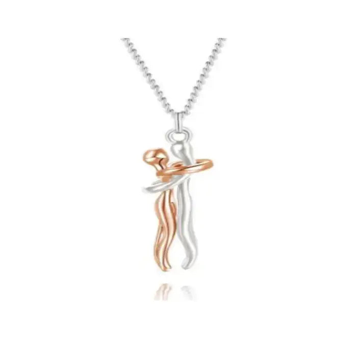 Elegant rose gold and silver couple hug pendant necklace symbolizing love and unity in abstract design.