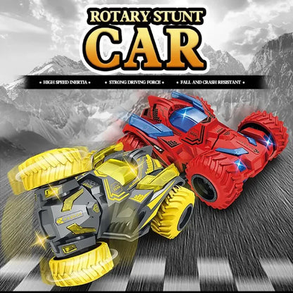 Red and yellow rotary stunt cars with bold designs in a mountain setting, highlighting strong driving features.