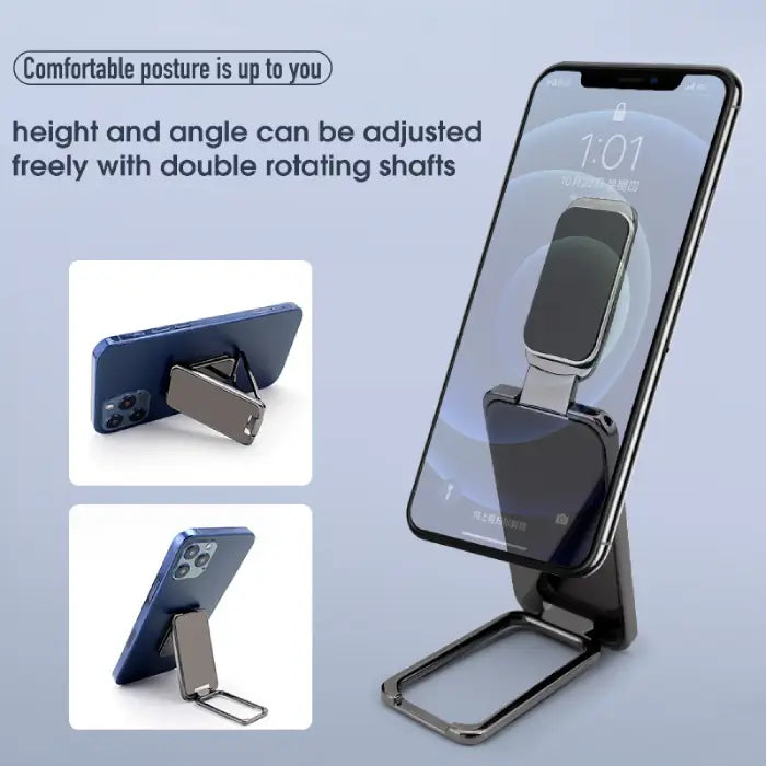 Adjustable phone stand with double rotating shafts for height and angle customization and comfort.