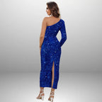 Dazzling royal blue sequin prom dress featuring asymmetrical one-shoulder design, midi-length silhouette and sparkling embellishments for special occasions.
