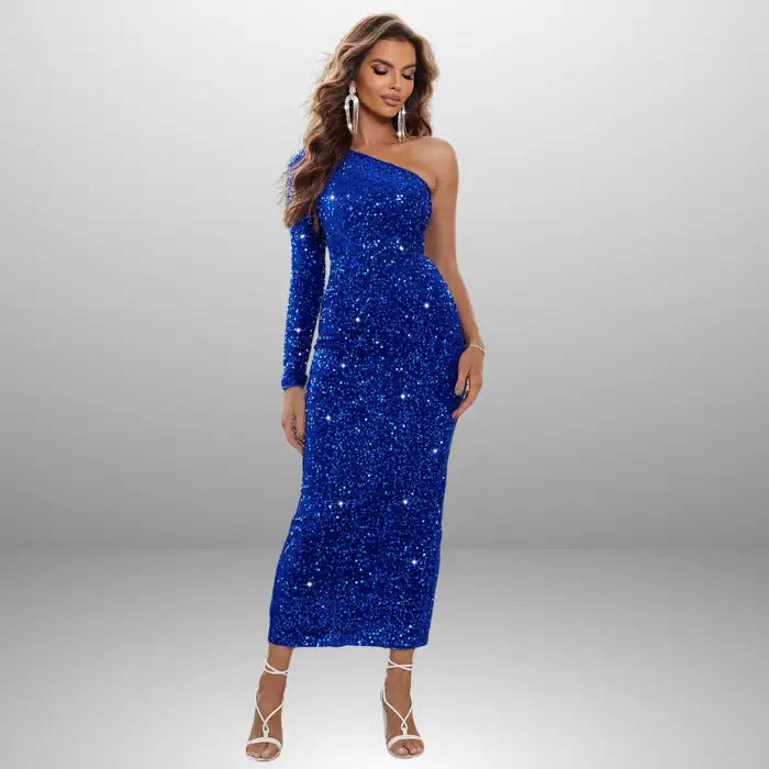 Stunning royal blue sequin prom dress featuring one-shoulder design, mid-calf length, and sparkly details perfect for making a statement at formal events.