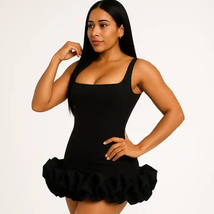 ruffle cocktail dress featuring rich black fabric, structured square neckline and dramatic tiered ruffle bottom detail for elegant occasions