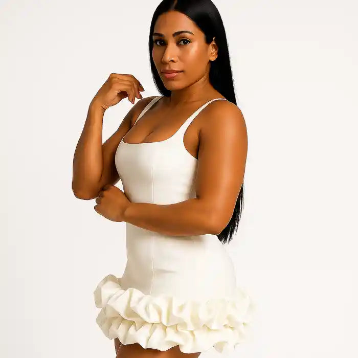 ruffle cocktail dress in ivory white with square neckline, fitted bodice and statement gathered hem detail perfect for formal events