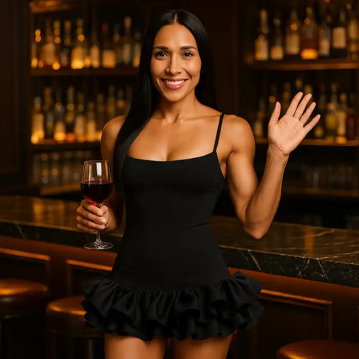 ruffle hem dress styled for upscale bar environment with woman holding wine glass, showcasing versatility for evening social events