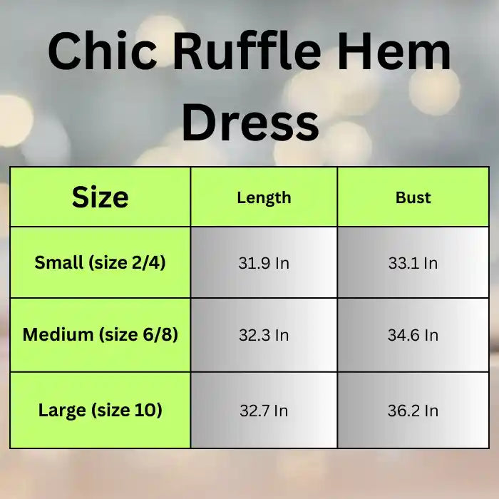 ruffle hem dress detailed size chart showing measurements for small, medium and large sizes with bust and length specifications