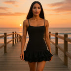 ruffle hem dress showcased during golden sunset on beach boardwalk, highlighting the elegant silhouette against ocean backdrop