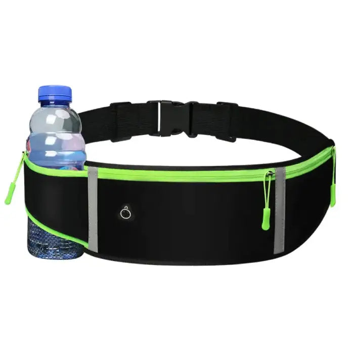 Adjustable running belt with water bottle holder, black fabric with neon green trim and zipper pulls