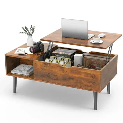 Wooden lift-top coffee table with laptop, camera, books, and tea set, showcasing storage compartments and raised tabletop