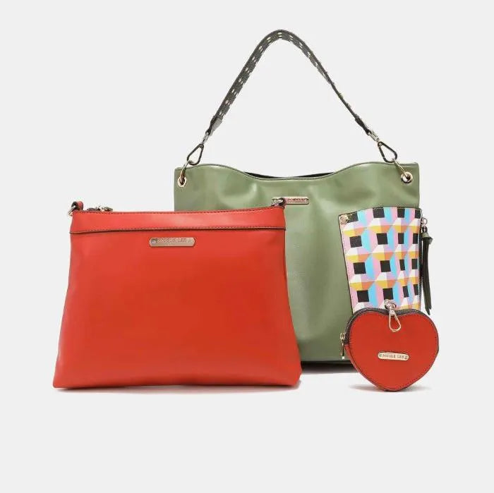 Sage green tote with coral clutch featuring geometric pattern panels and matching heart-shaped coin purse accessory