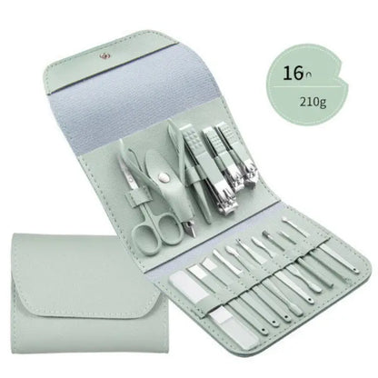 Sage green deluxe manicure set with multiple nail care tools and implements in tri-fold leather-like case