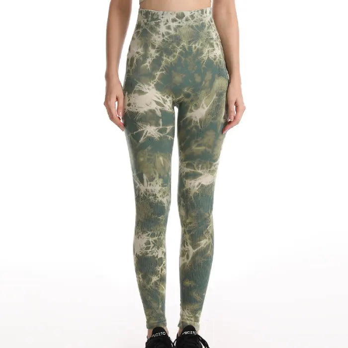 Sage green tie-dye pattern leggings with high waist and seamless compression fit