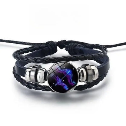 Sagittarius zodiac glowing bracelet with an archer design, crafted with braided leather for astrology lovers.