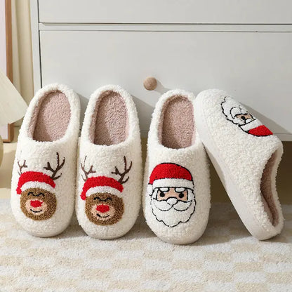 Holiday slippers with Santa Claus and reindeer designs, perfect for the festive season.