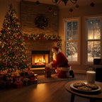 Santa costume adult kneeling by fireplace placing gifts under Christmas tree on snowy night.