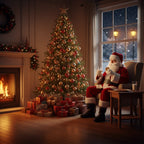Santa costume adult relaxing by fireplace drinking milk and eating cookies beside Christmas tree.