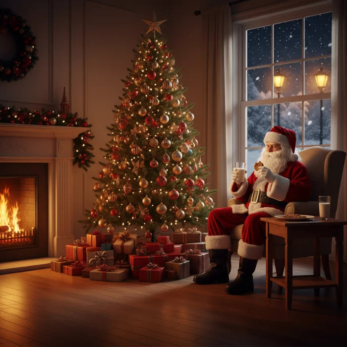 Santa costume adult relaxing by fireplace drinking milk and eating cookies beside Christmas tree.