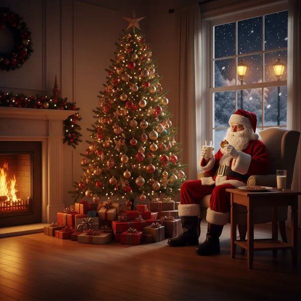 Santa costume adult relaxing by fireplace drinking milk and eating cookies beside Christmas tree.