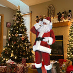 Santa costume adult standing in living room with Christmas gifts and tree decorated with lights.