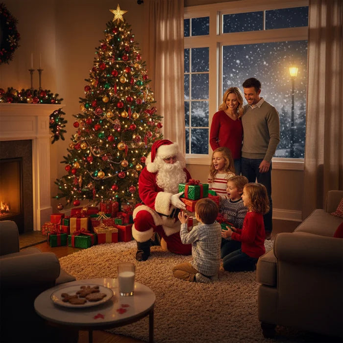 Santa costume adult handing gifts to children beside Christmas tree with family on Christmas Eve.