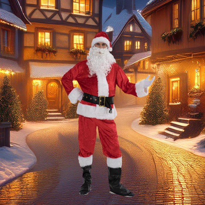 Santa costume adult standing in a snowy village street with Christmas lights and festive houses.