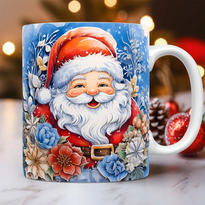 Blue Santa mug with floral and snowflake patterns, featuring a jolly Santa Claus, perfect for festive decoration.