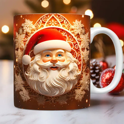 Cheerful Santa mug design with intricate snowflakes on a warm background. Ideal for festive holiday decor.