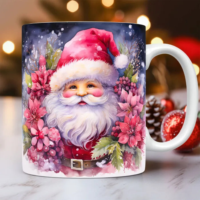 Watercolor Santa mug with vibrant floral Christmas design. Perfect for festive holiday decorations.