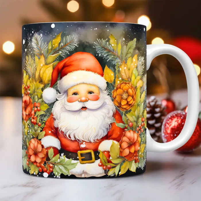 Santa mug with vibrant floral and greenery design against a dark background, ideal for Christmas decor.