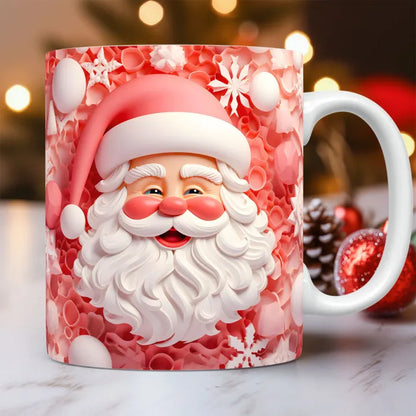 Pink Santa mug with 3D snowflakes and a jolly Santa Claus, perfect for festive celebrations and cheer.