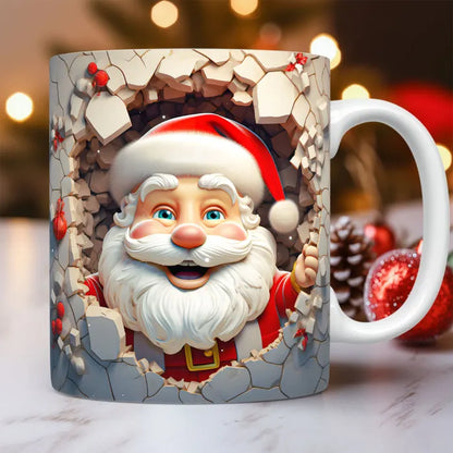 Playful Santa mug design bursting through a snowy wall. Unique and festive holiday mug art.