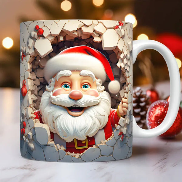 Playful Santa mug design bursting through a snowy wall. Unique and festive holiday mug art.