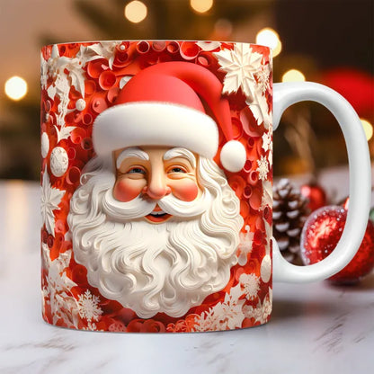 Red Santa mug with a 3D snowflake design, showcasing a cheerful Santa Claus, perfect for holiday joy.