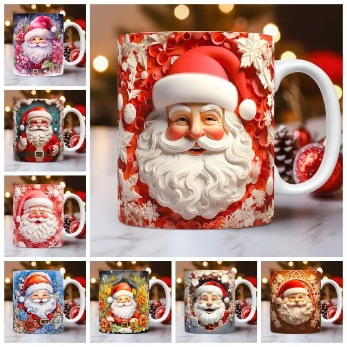 Festive Santa mug with red background and intricate snowflakes, perfect for a holiday-themed celebration.