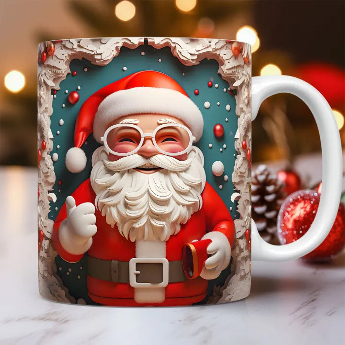 Santa Claus on a festive mug with glasses, red suit, and Christmas backdrop. Perfect holiday cheer decoration.