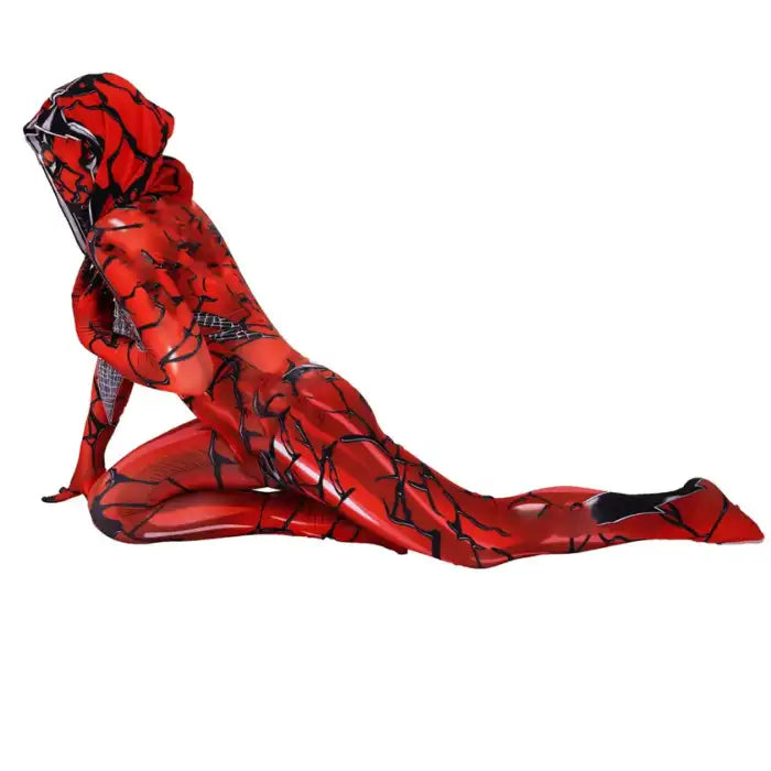 Scarlet Symbiote Costume shown in a dynamic crouching pose with red-black cracked texture design.