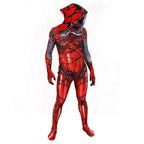 Scarlet Symbiote Costume full-body front view with hood and muscular red-black pattern design.