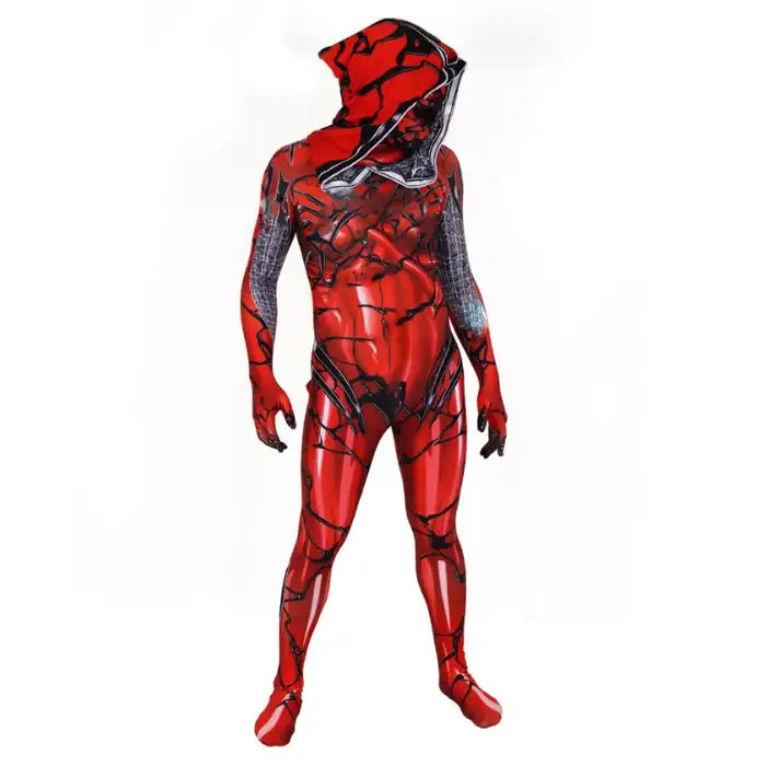 Scarlet Symbiote Costume full-body front view with hood and muscular red-black pattern design.