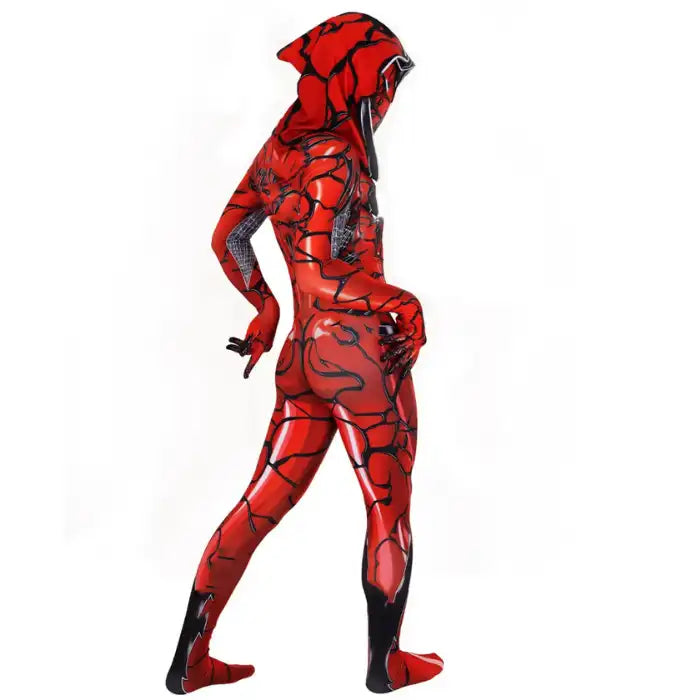 Side view of Scarlet Symbiote Costume featuring bold red tones and detailed black symbiote lines.