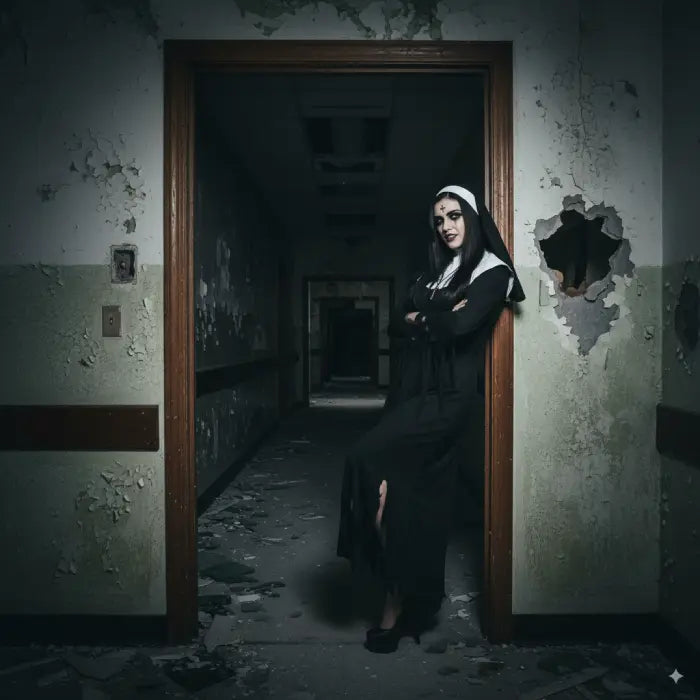 Scary nun costume woman leaning in broken hospital hallway with peeling walls and sinister smile.
