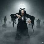 Scary nun costume woman in graveyard making creepy claw pose under bright full moon and fog.