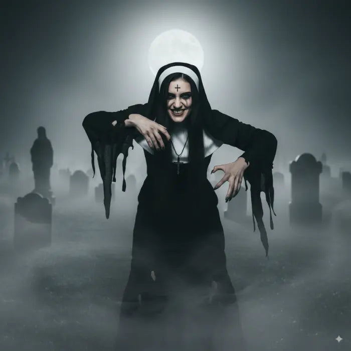 Scary nun costume woman in graveyard making creepy claw pose under bright full moon and fog.