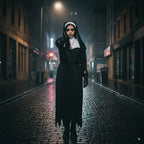 Scary nun costume with black gloves standing in dark alley under streetlight pointing directly forward.