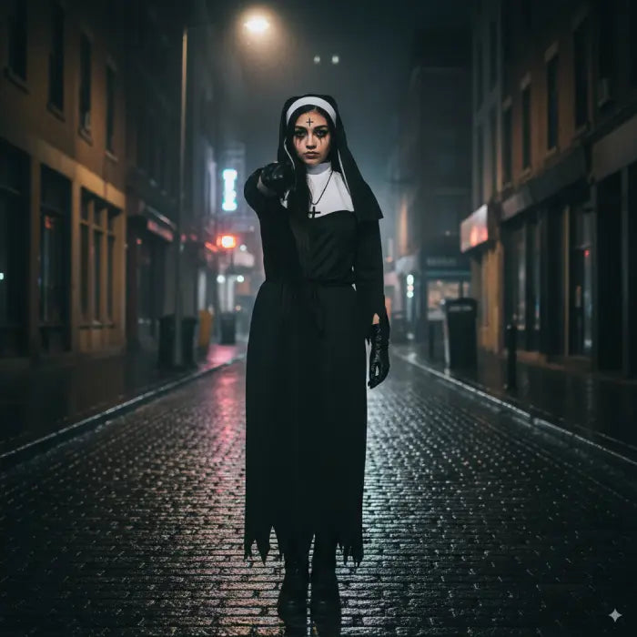 Scary nun costume with black gloves standing in dark alley under streetlight pointing directly forward.