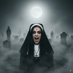Scary nun costume woman screaming in graveyard under full moon with eerie mist and dark makeup.