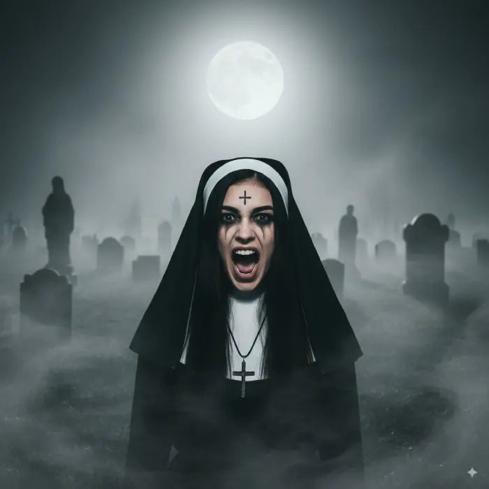 Scary nun costume woman screaming in graveyard under full moon with eerie mist and dark makeup.