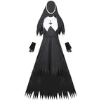 Scary Nun Costume Set front flat lay showing complete dress, gloves, and cross necklace details