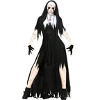 Scary Nun Costume Set shown on model with full makeup, long dress, gloves, and dark eerie details